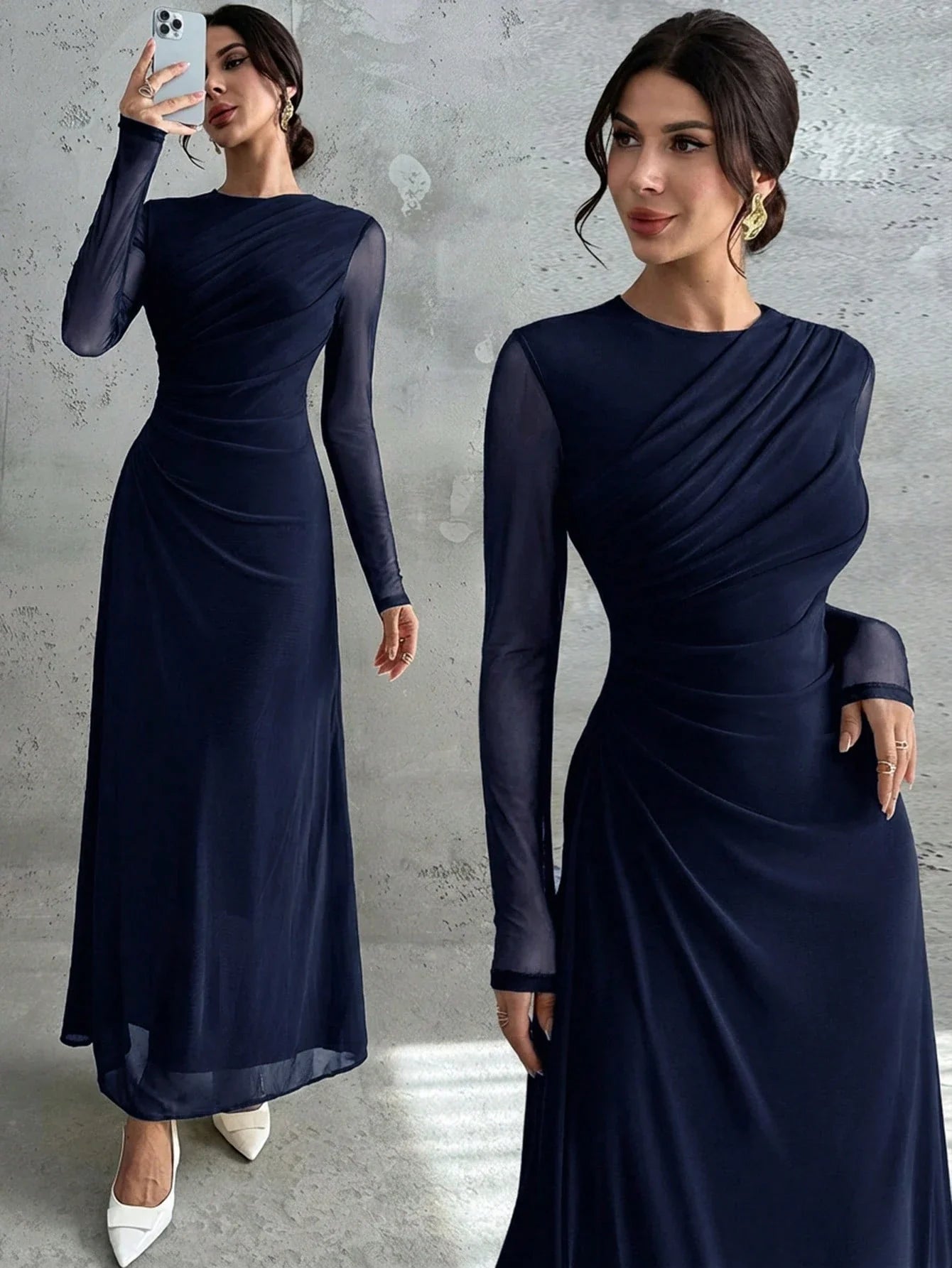Women's Elegant Vintage Mesh Pleated A-Line Maxi Dress shein