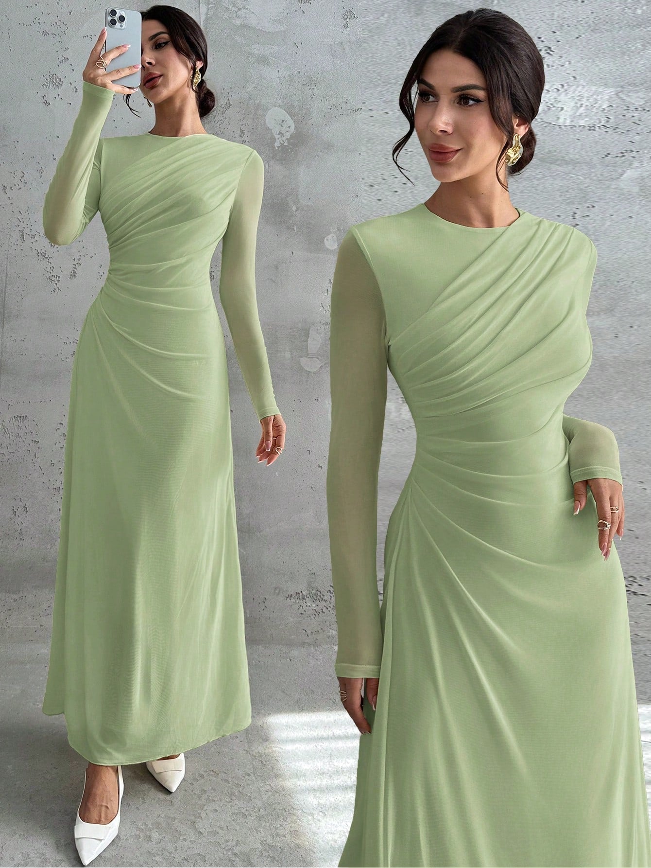 Women's Elegant Vintage Mesh Pleated A-Line Maxi Dress shein