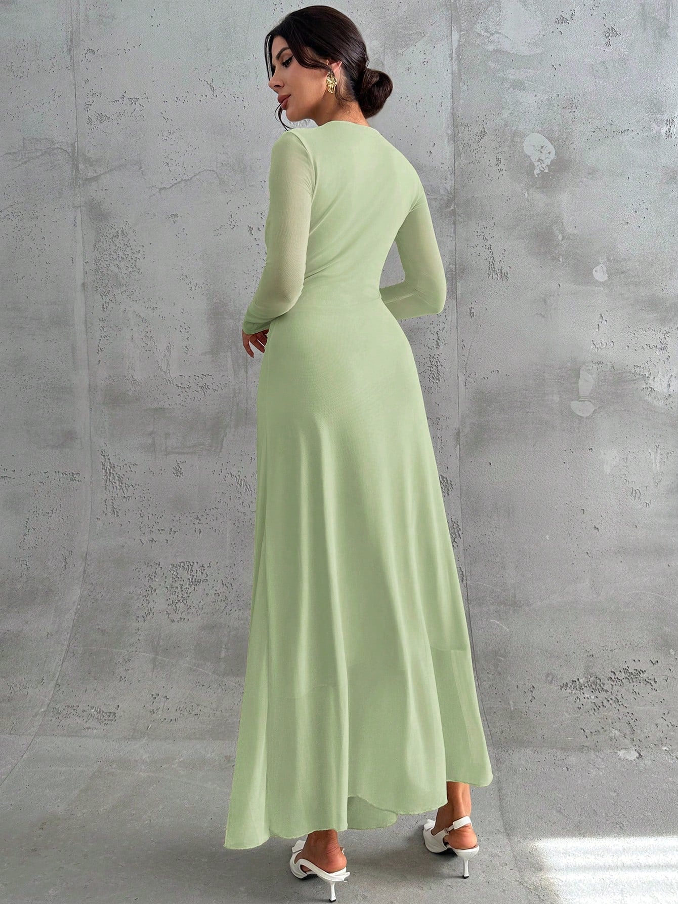 Women's Elegant Vintage Mesh Pleated A-Line Maxi Dress shein