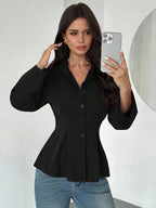 Women's Elegant Waist-Cinched Long-Sleeved Shirt