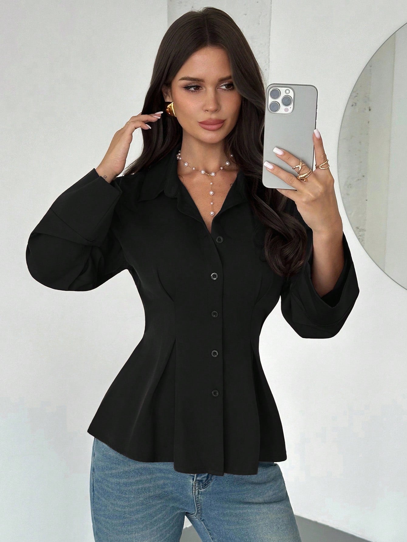 Women's Elegant Waist-Cinched Long-Sleeved Shirt