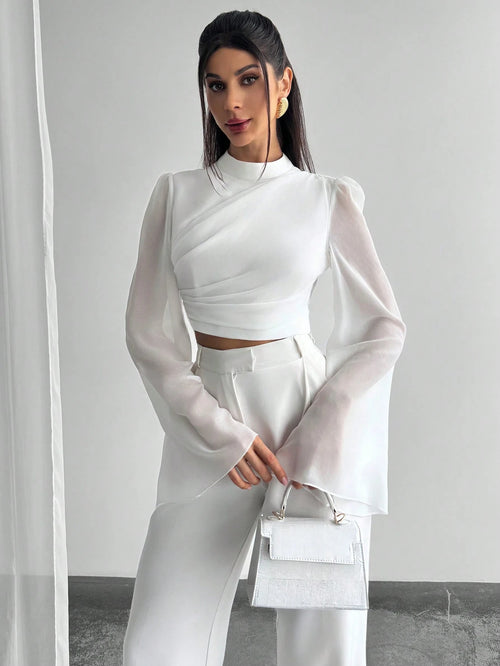 Chiffon Draped Flare White Blouse shein
