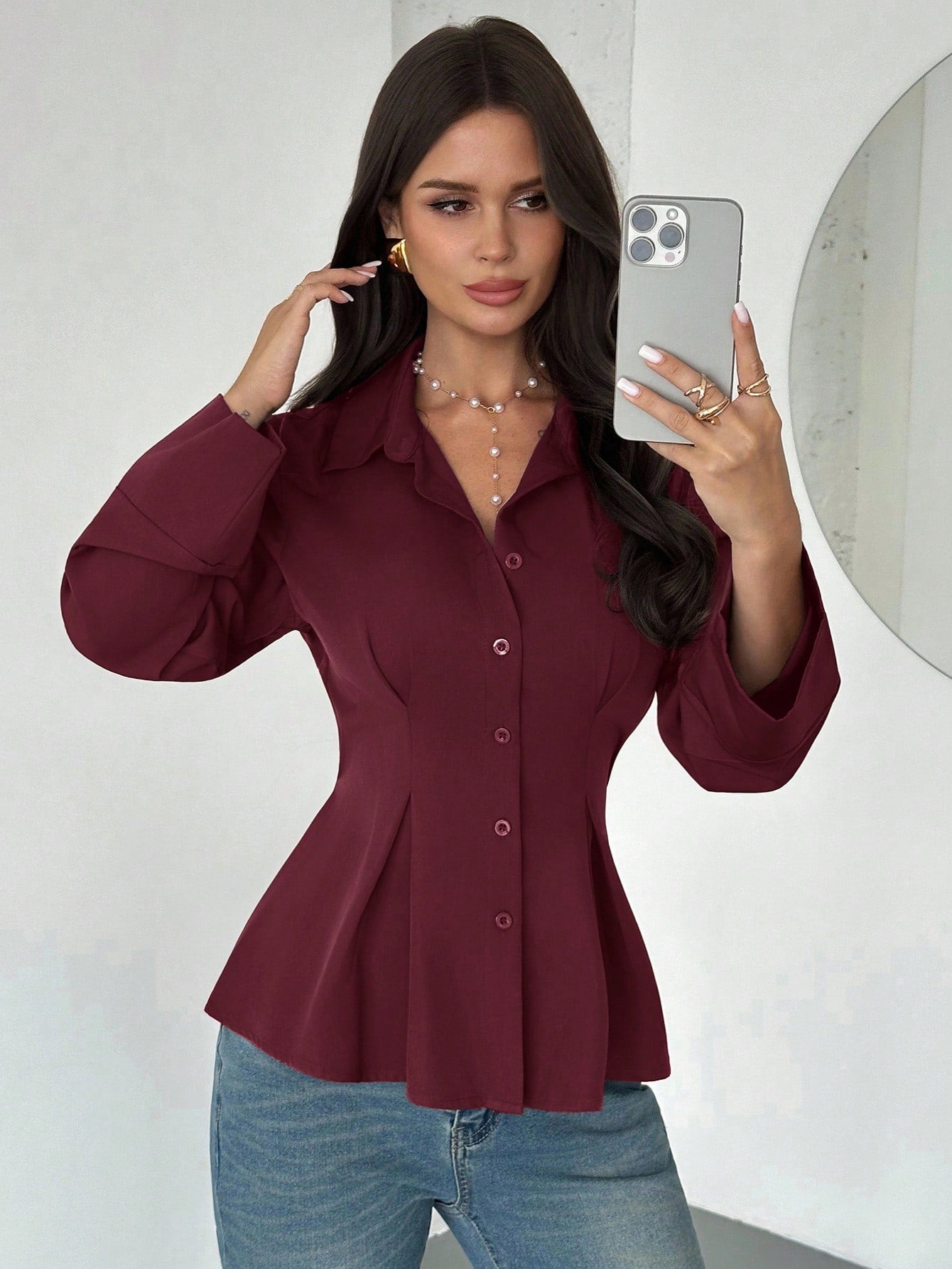 Women's Elegant Waist-Cinched Long-Sleeved Shirt
