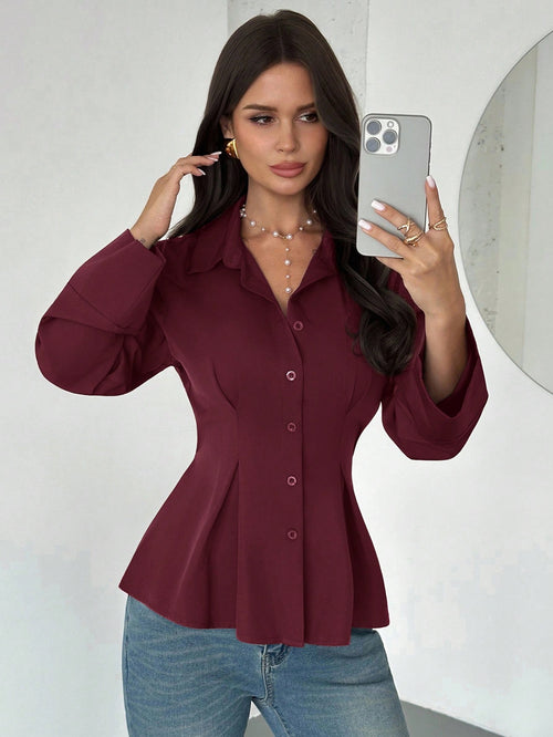 Women's Elegant Waist-Cinched Long-Sleeved Shirt