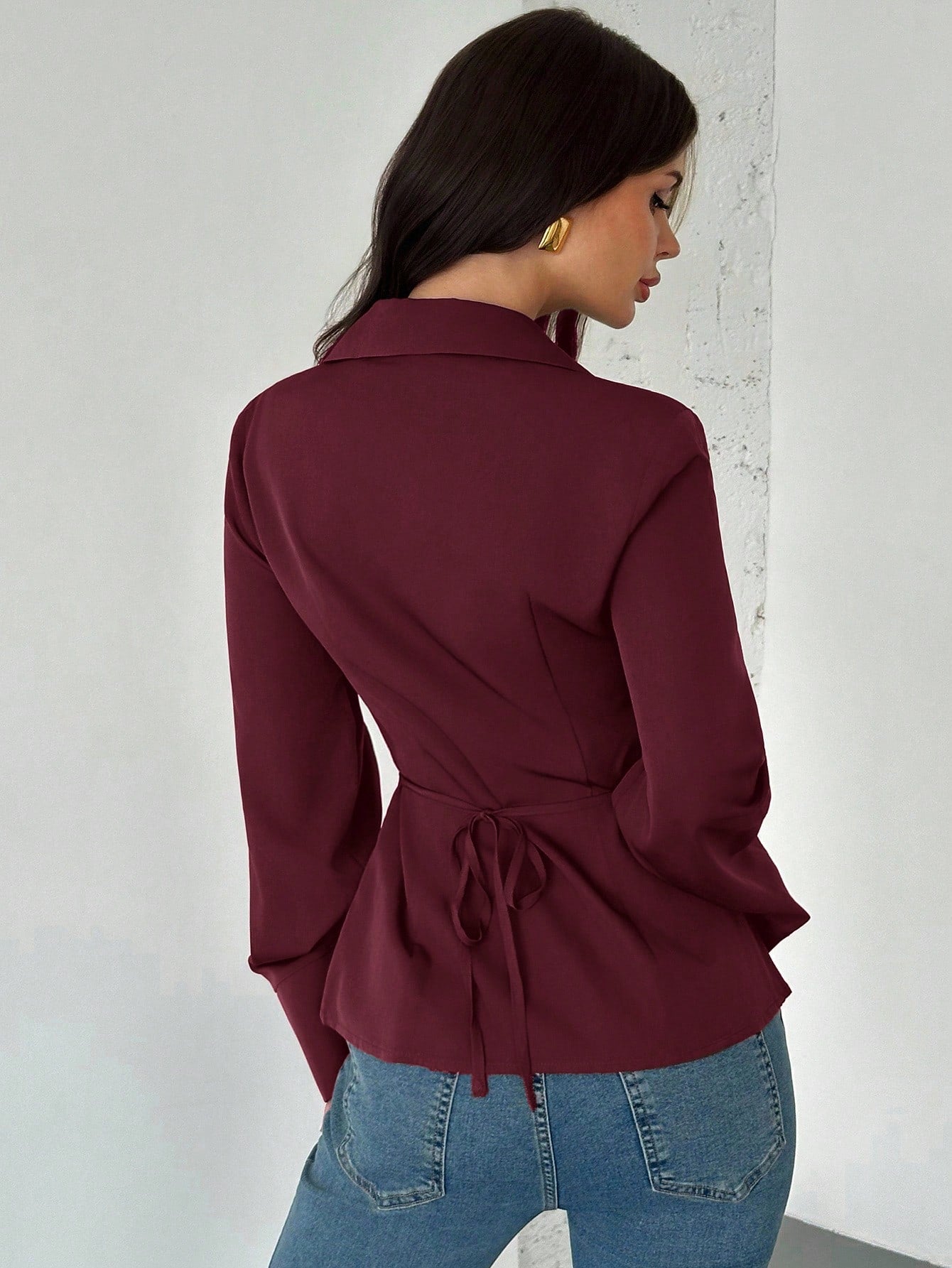 Women's Elegant Waist-Cinched Long-Sleeved Shirt