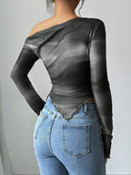Women's Floral Print Asymmetric Shoulder Long Sleeve T-Shirt shein