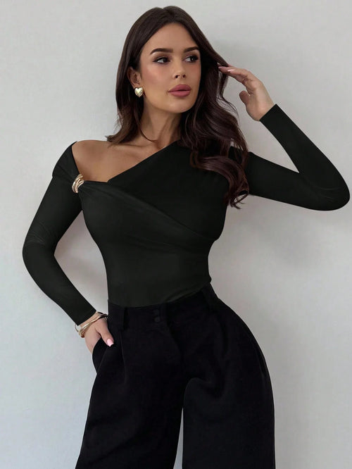 Asymmetric Shoulder Long Sleeve Wrap Ruched Waist Tight Fitting Slim T-Shirt shein