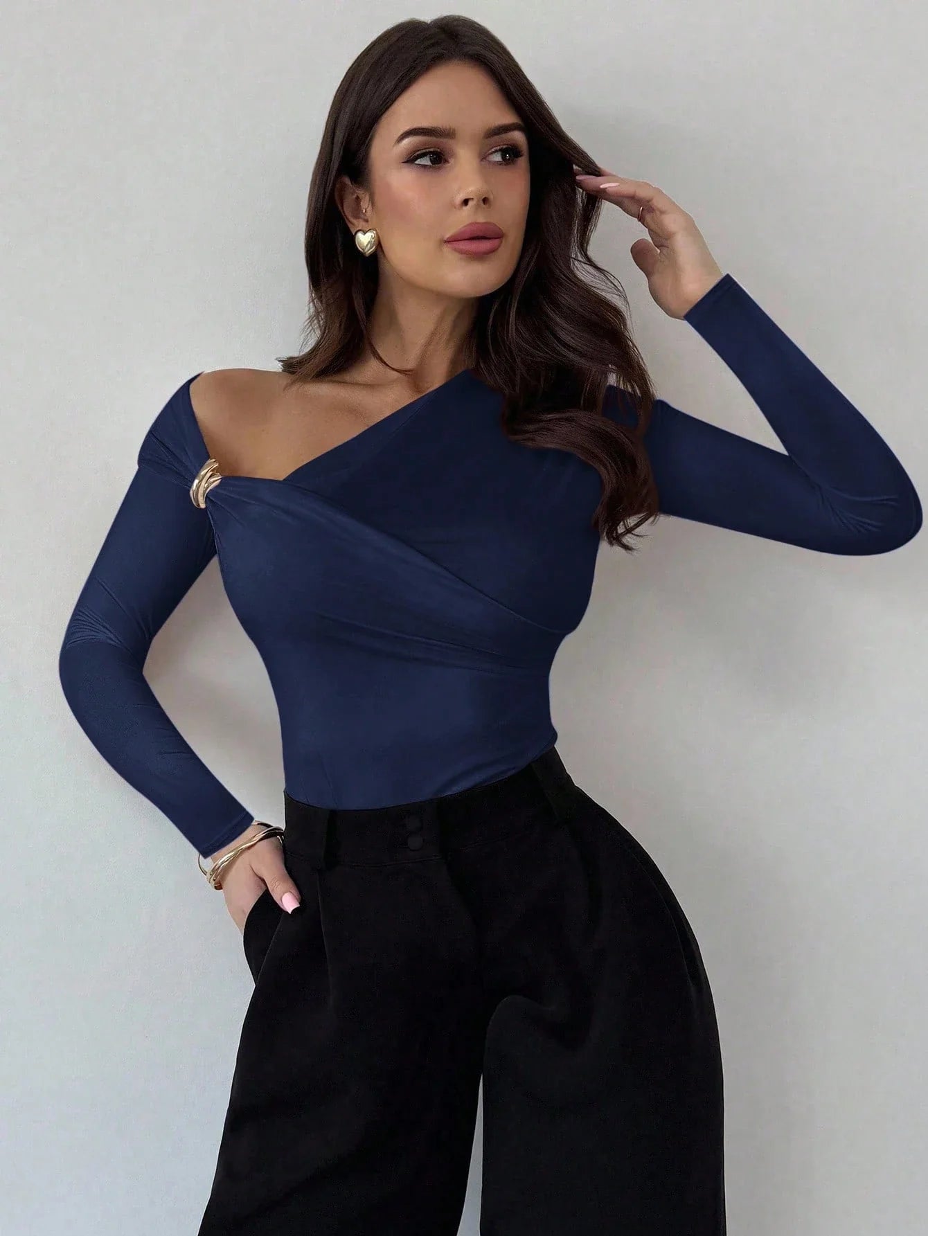 Asymmetric Shoulder Long Sleeve Wrap Ruched Waist Tight Fitting Slim T-Shirt shein