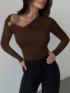 Asymmetric Shoulder Long Sleeve Wrap Ruched Waist Tight Fitting Slim T-Shirt shein