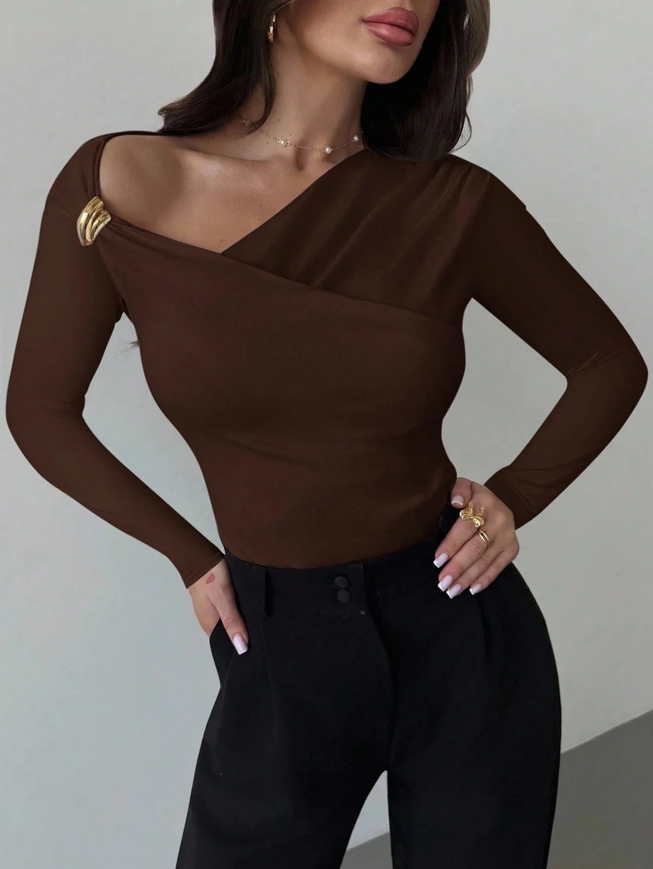 Asymmetric Shoulder Long Sleeve Wrap Ruched Waist Tight Fitting Slim T-Shirt shein