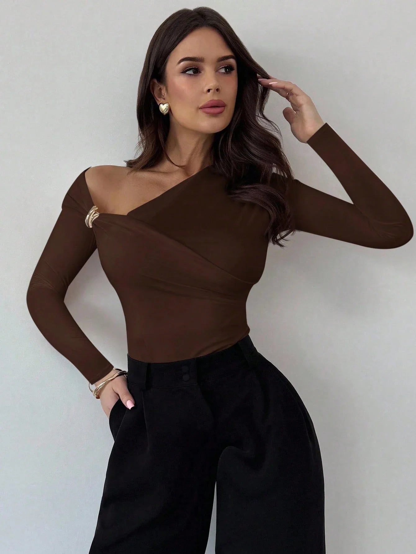 Asymmetric Shoulder Long Sleeve Wrap Ruched Waist Tight Fitting Slim T-Shirt shein