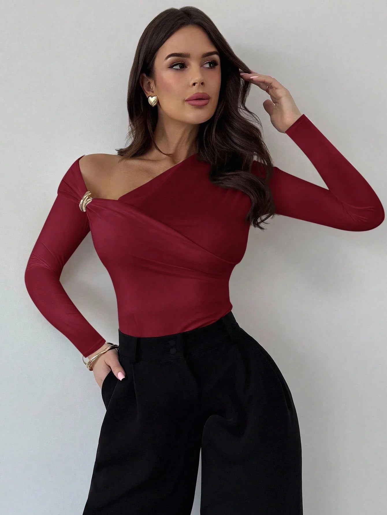 Asymmetric Shoulder Long Sleeve Wrap Ruched Waist Tight Fitting Slim T-Shirt shein