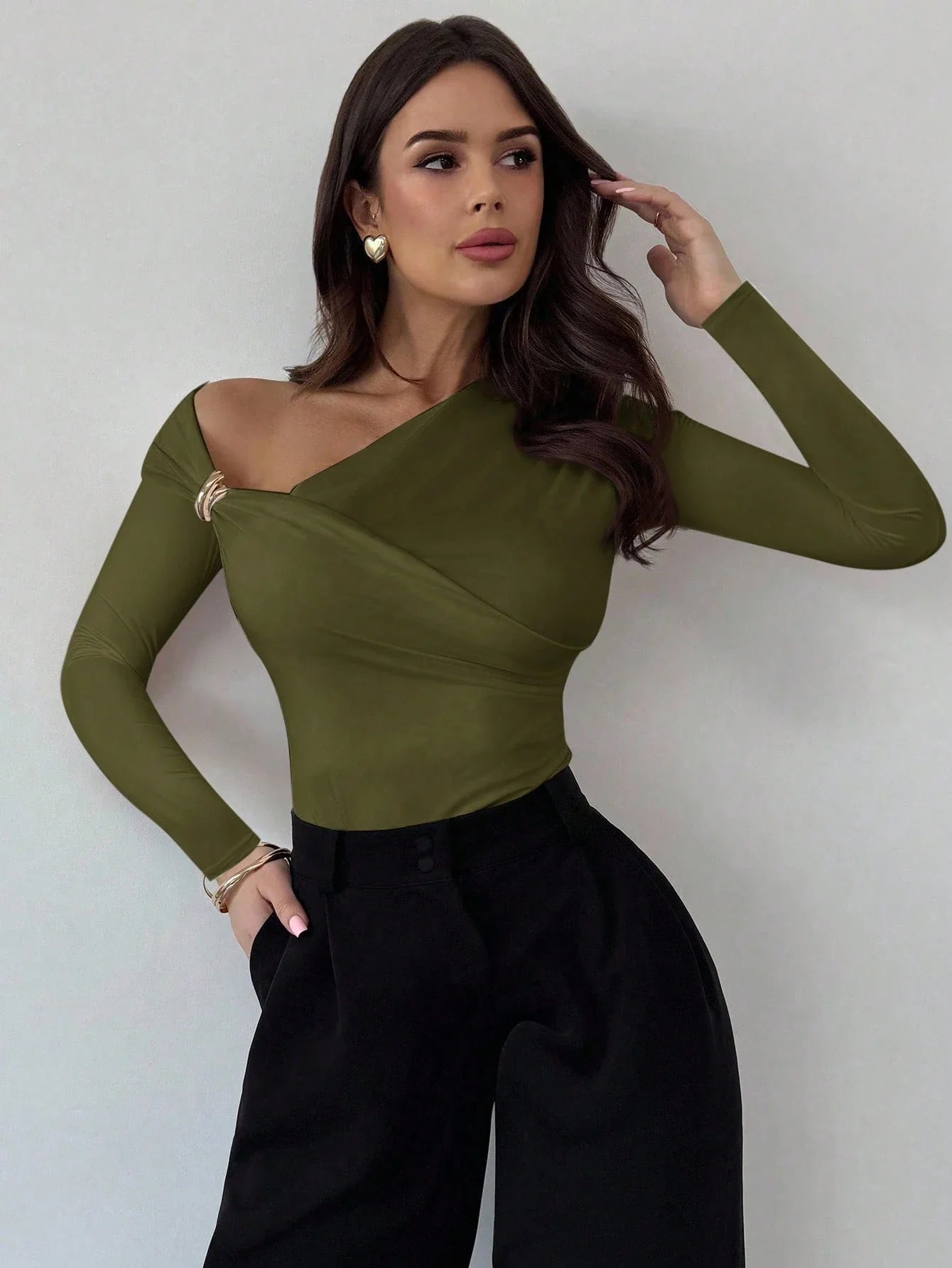Asymmetric Shoulder Long Sleeve Wrap Ruched Waist Tight Fitting Slim T-Shirt shein