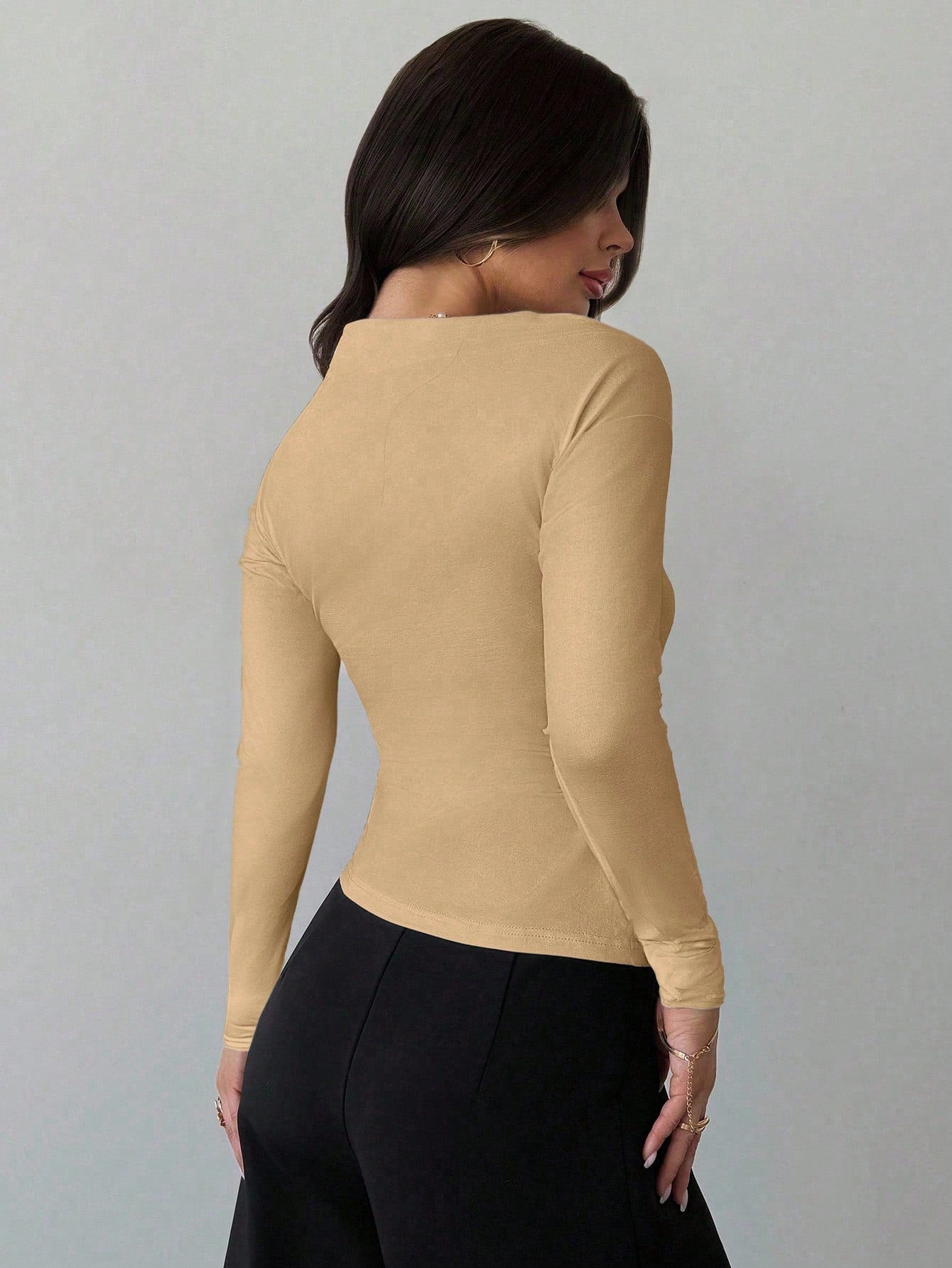 Asymmetric Shoulder Long Sleeve Wrap Ruched Waist Tight Fitting Slim T-Shirt shein