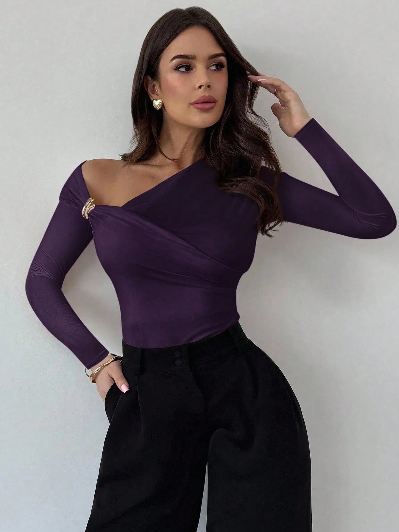 Asymmetric Shoulder Long Sleeve Wrap Ruched Waist Tight Fitting Slim T-Shirt shein