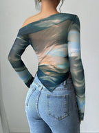 Women's Floral Print Asymmetric Shoulder Long Sleeve T-Shirt shein