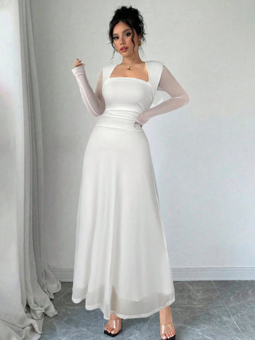 Square Neck Long Sleeve Ruffle Waist Dress