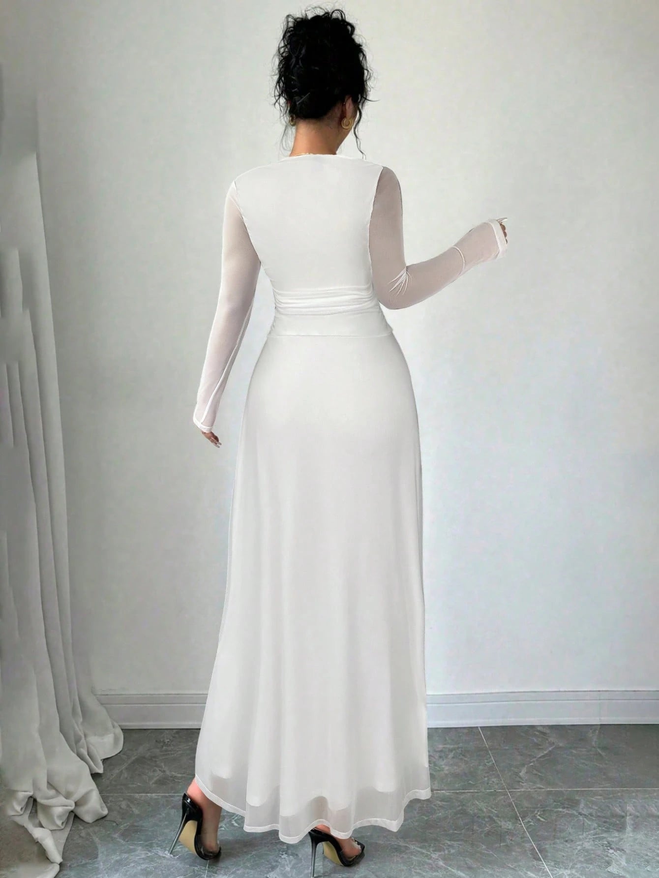Square Neck Long Sleeve Ruffle Waist Dress shein