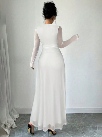 Square Neck Long Sleeve Ruffle Waist Dress