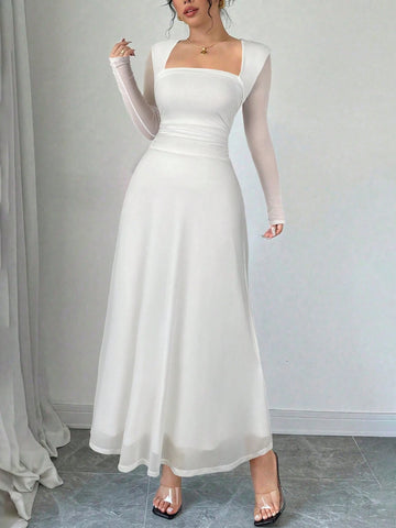 Square Neck Long Sleeve Ruffle Waist Dress