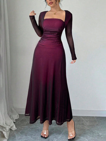 Square Neck Long Sleeve Ruffle Waist Dress
