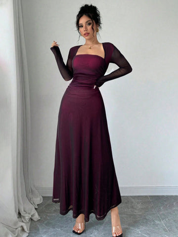 Square Neck Long Sleeve Ruffle Waist Dress