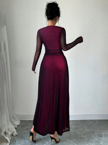 Square Neck Long Sleeve Ruffle Waist Dress