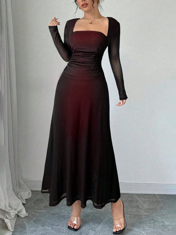 Square Neck Long Sleeve Ruffle Waist Dress