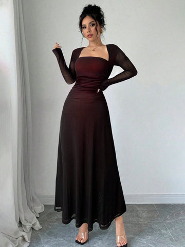 Square Neck Long Sleeve Ruffle Waist Dress