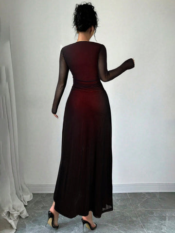 Square Neck Long Sleeve Ruffle Waist Dress
