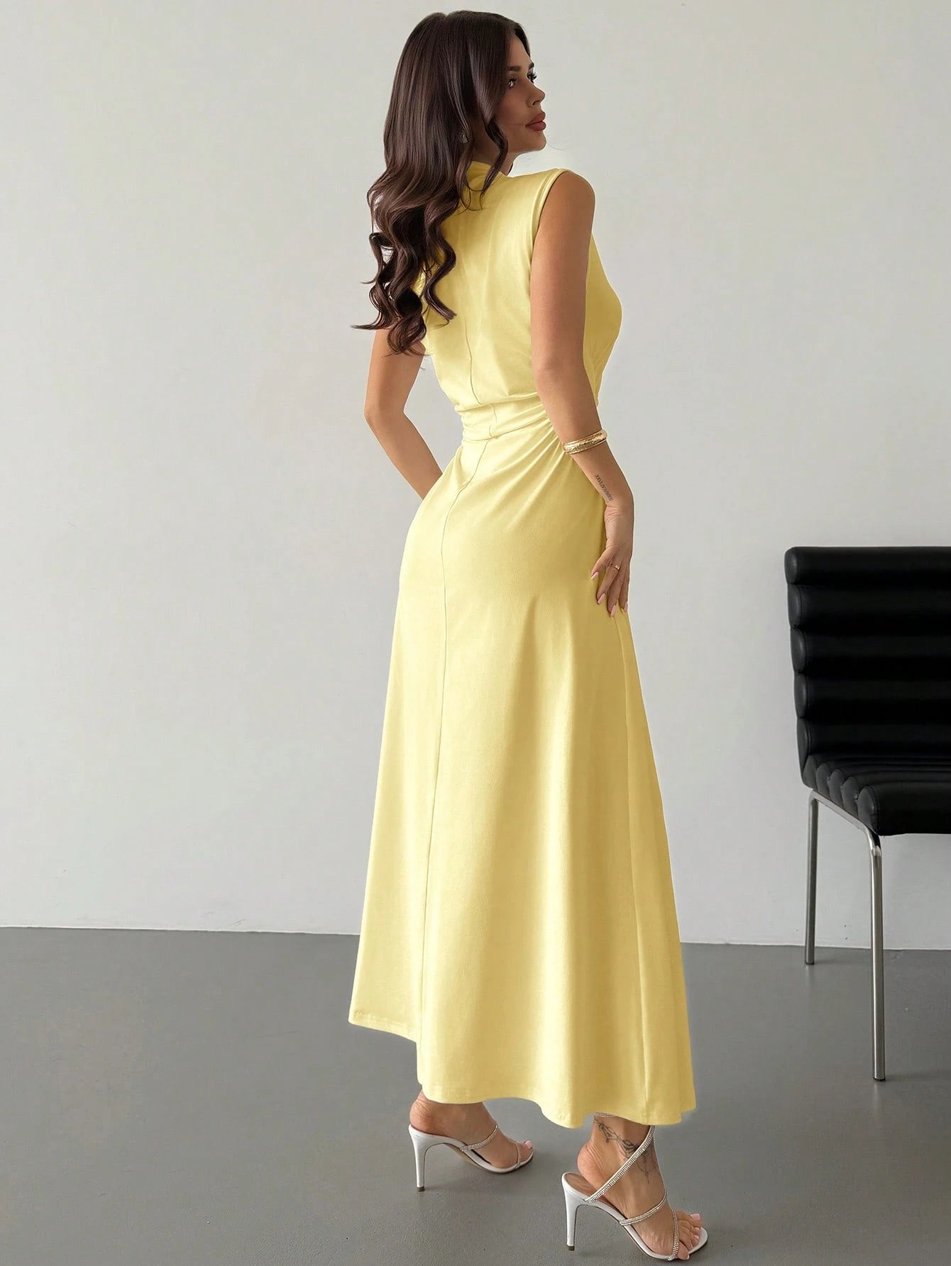 Elegant & Romantic White Ruched A-Line Maxi Dress With Stand Collar