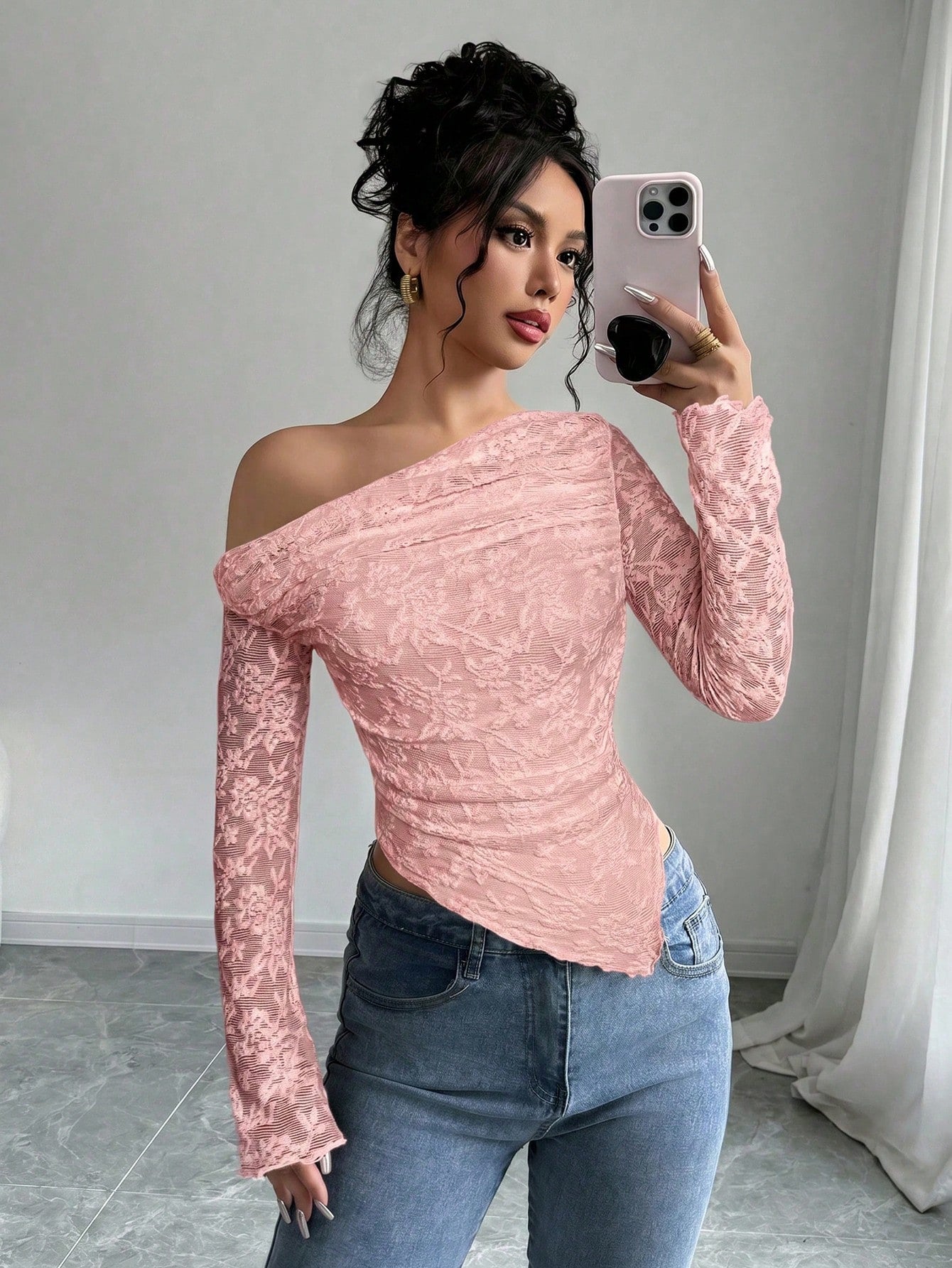 Women's Floral Print Asymmetric Shoulder Long Sleeve T-Shirt shein