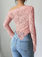 Women's Floral Print Asymmetric Shoulder Long Sleeve T-Shirt shein