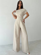 Commuter Wide Collar Off Shoulder Blouse And Wide Leg Pants Suit shein