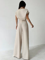 Commuter Wide Collar Off Shoulder Blouse And Wide Leg Pants Suit shein