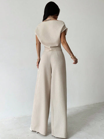 Commuter Wide Collar Off Shoulder Blouse And Wide Leg Pants Suit