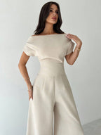 Commuter Wide Collar Off Shoulder Blouse And Wide Leg Pants Suit shein