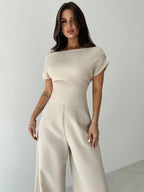 Commuter Wide Collar Off Shoulder Blouse And Wide Leg Pants Suit shein