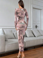 Women's Tie-Dye Pleated Elegant Fitted Long Sleeve Dress shein