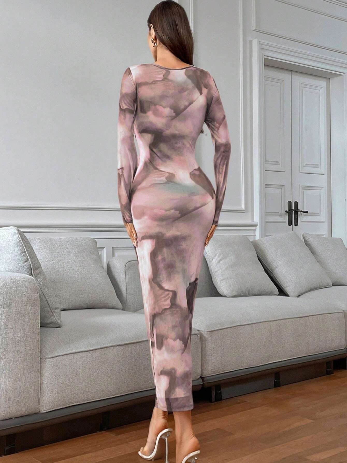 Women's Tie-Dye Pleated Elegant Fitted Long Sleeve Dress shein