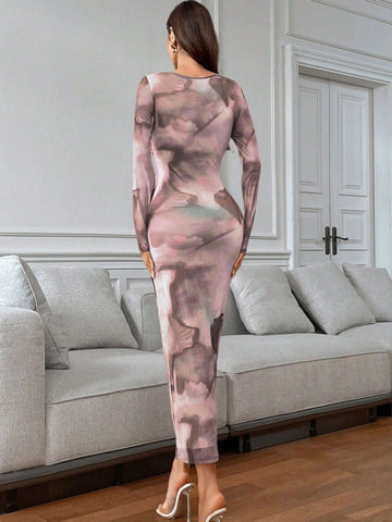 Women's Tie-Dye Pleated Elegant Fitted Long Sleeve Dress