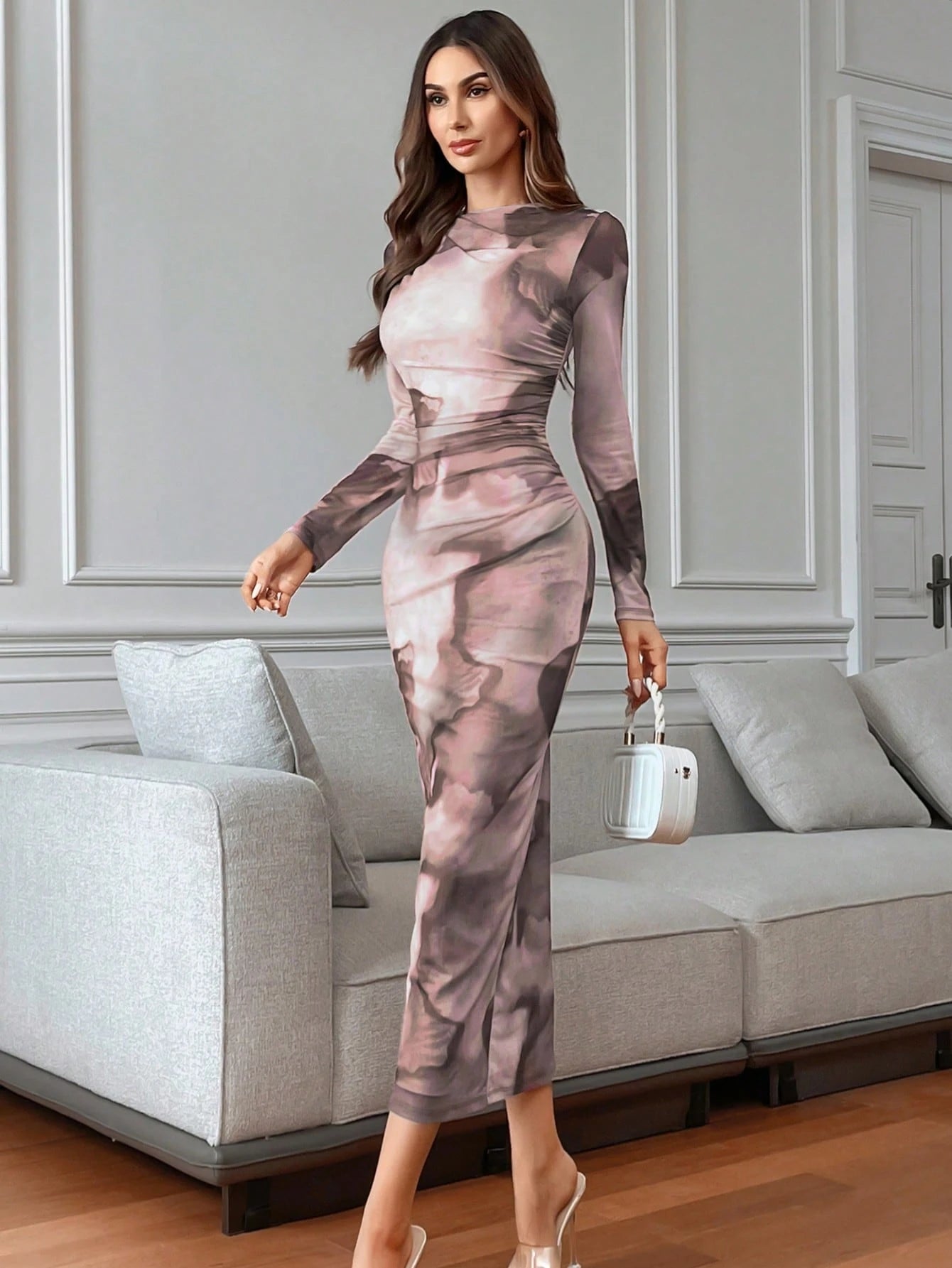 Women's Tie-Dye Pleated Elegant Fitted Long Sleeve Dress shein