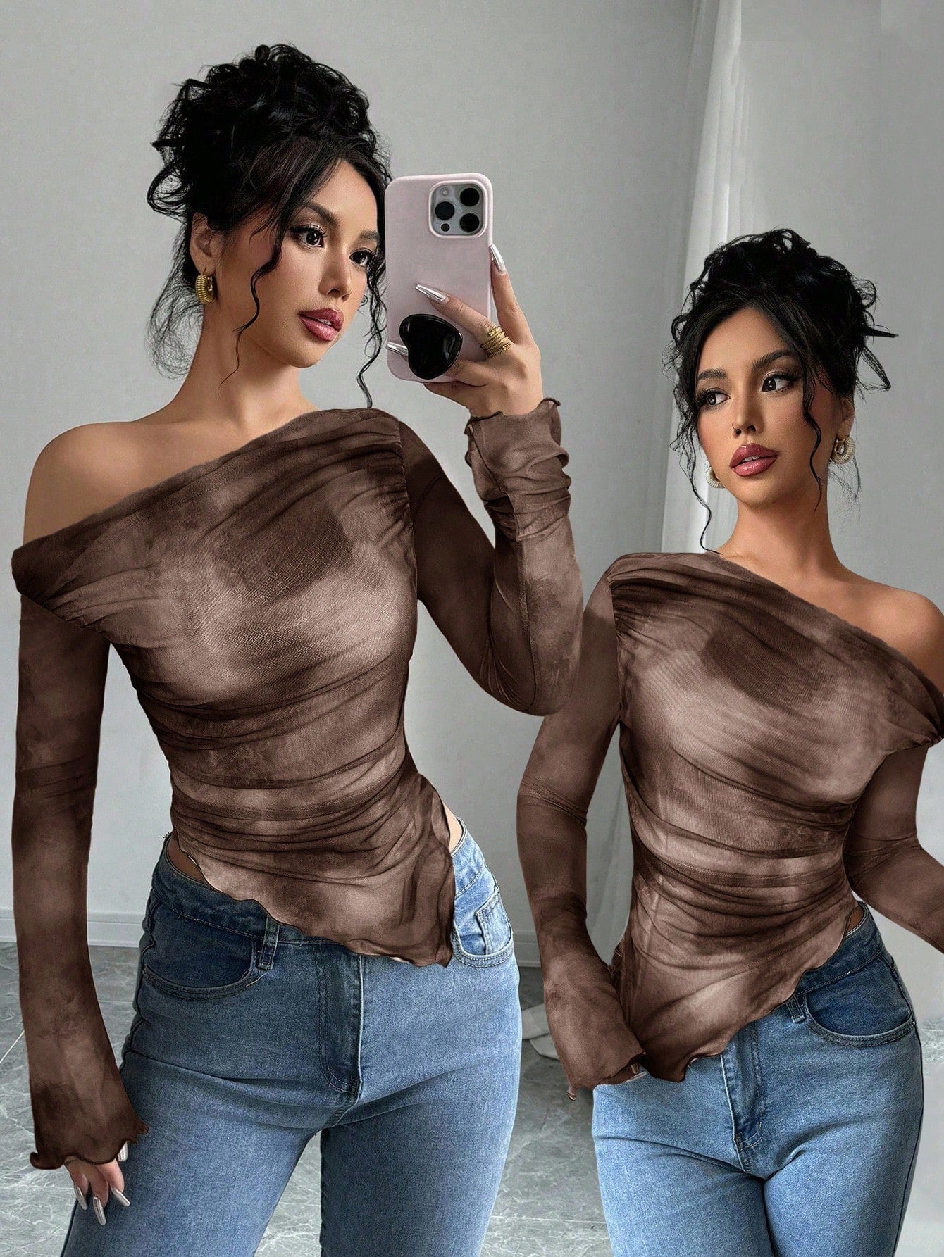 Women's Floral Print Asymmetric Shoulder Long Sleeve T-Shirt shein
