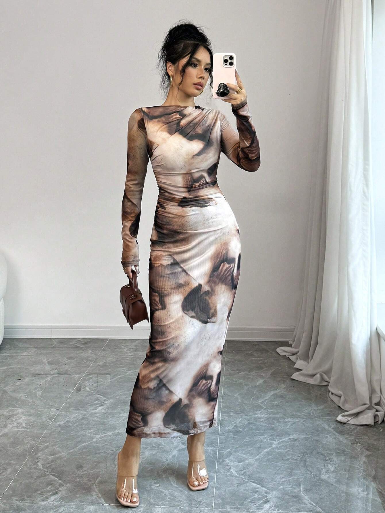 Women's Tie-Dye Pleated Elegant Fitted Long Sleeve Dress shein