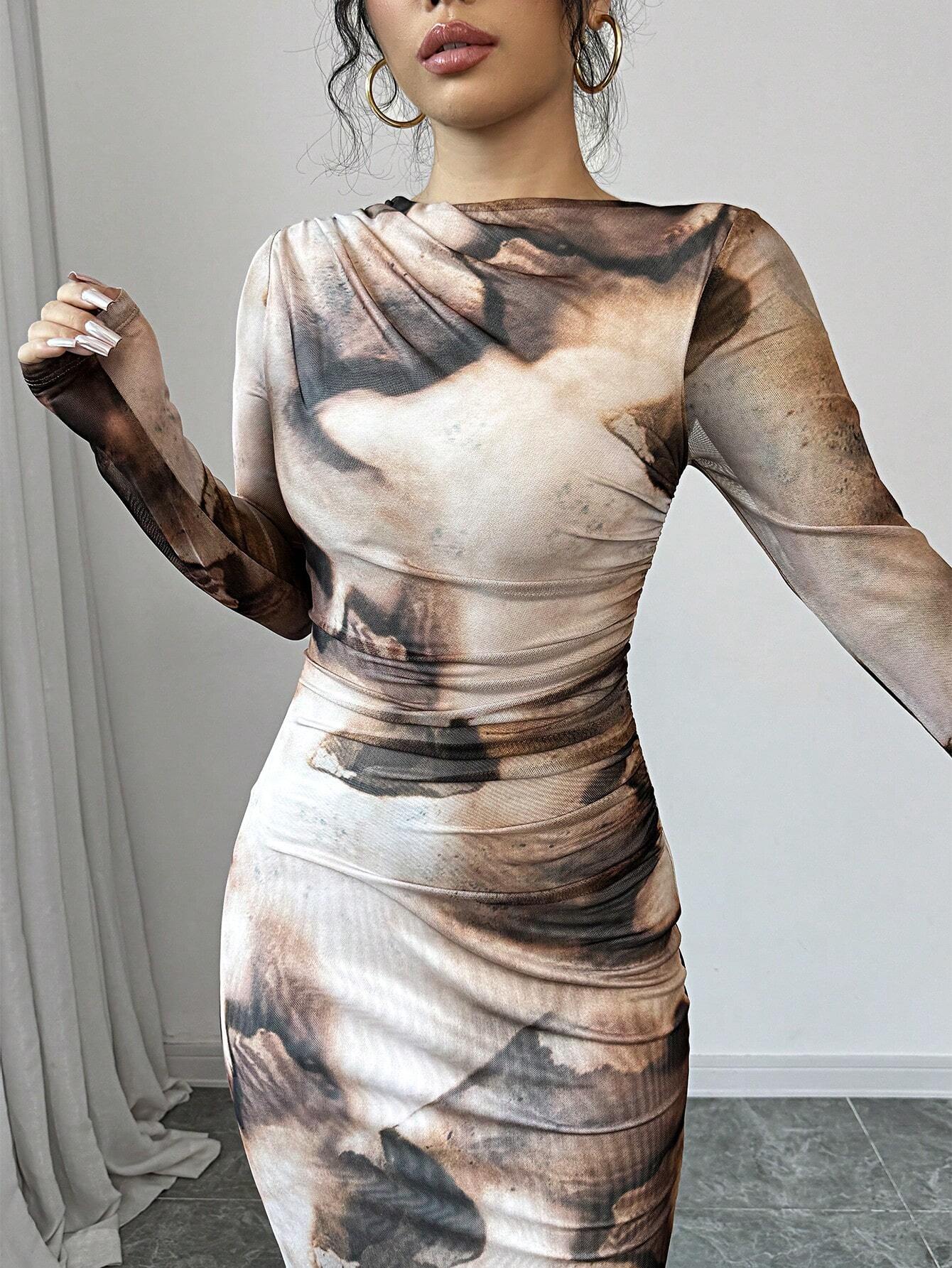 Women's Tie-Dye Pleated Elegant Fitted Long Sleeve Dress shein