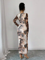 Women's Tie-Dye Pleated Elegant Fitted Long Sleeve Dress shein