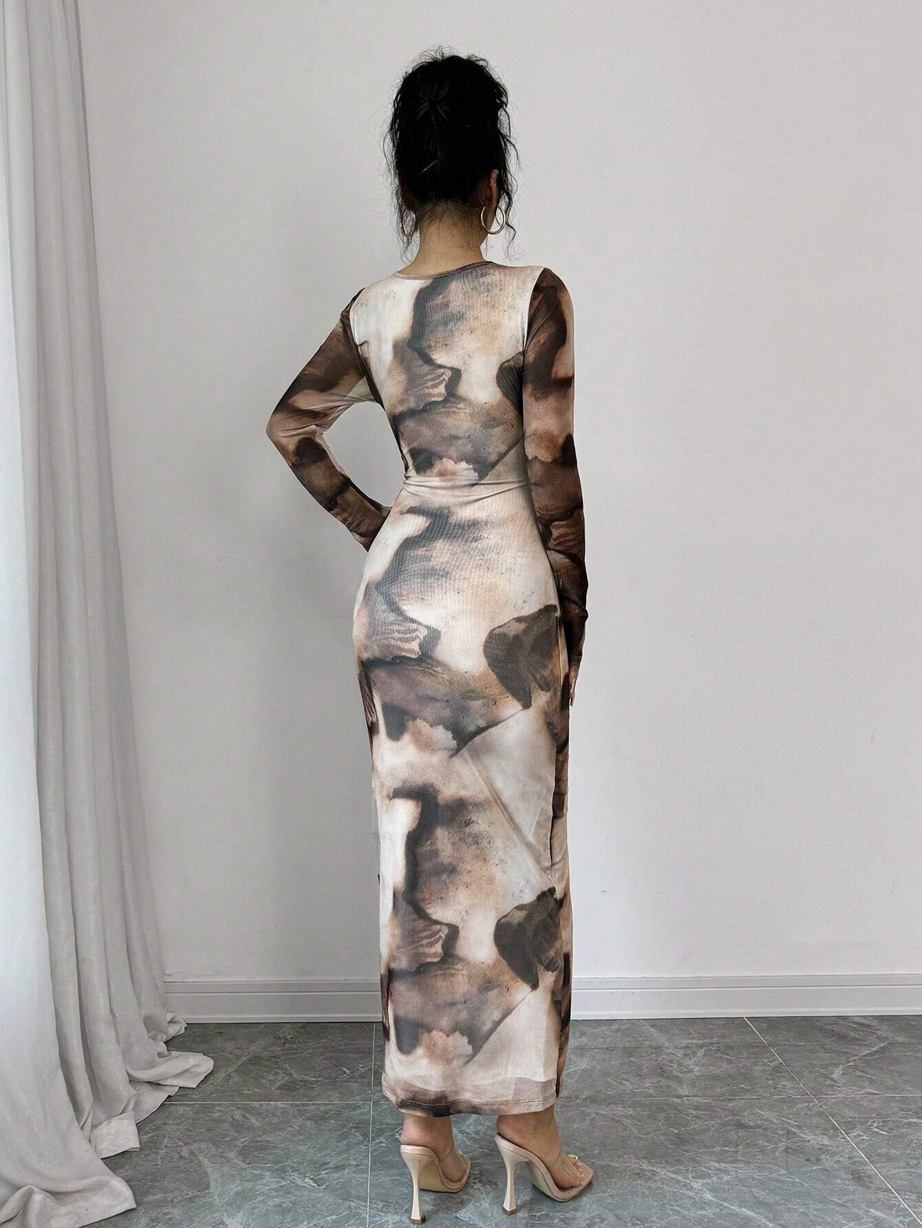 Women's Tie-Dye Pleated Elegant Fitted Long Sleeve Dress shein