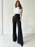 Women's White Chiffon Shoulder Pleated Top And Slim Flared Pants Two-Piece Set shein