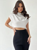Women's White Chiffon Shoulder Pleated Top And Slim Flared Pants Two-Piece Set shein