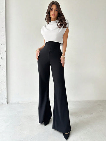 Women's White Chiffon Shoulder Pleated Top And Slim Flared Pants Two-Piece Set